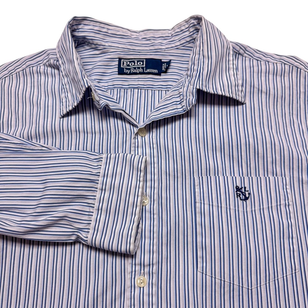 Polo Ralph Lauren Shirt Mens Large Blue Stripe Anchor Nautical Button Down Work - Picture 1 of 12